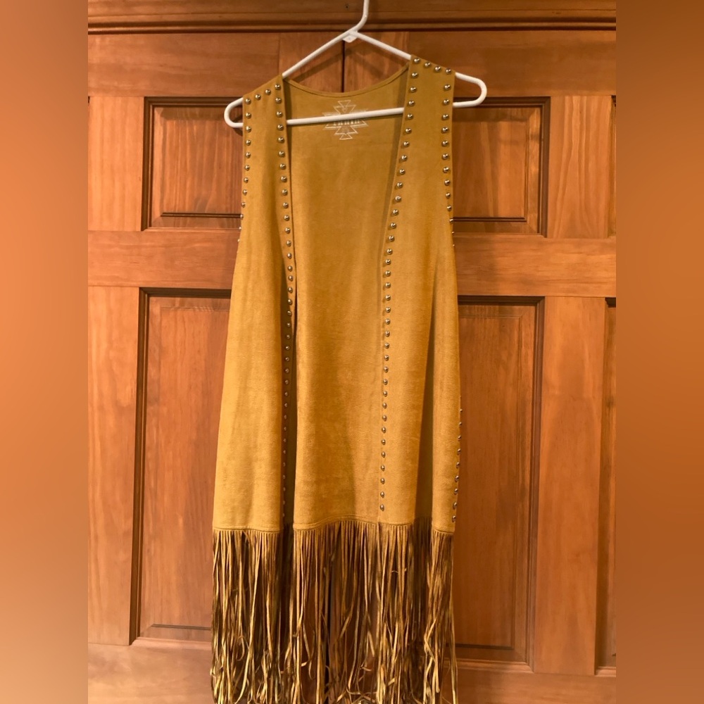 Studded Faux Suede Fringe Vest in Mustard